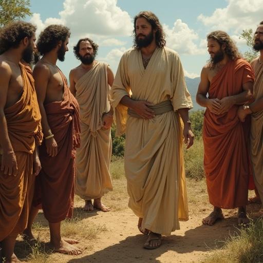 Classic image of Jesus in a prairie teaching his followers to pray