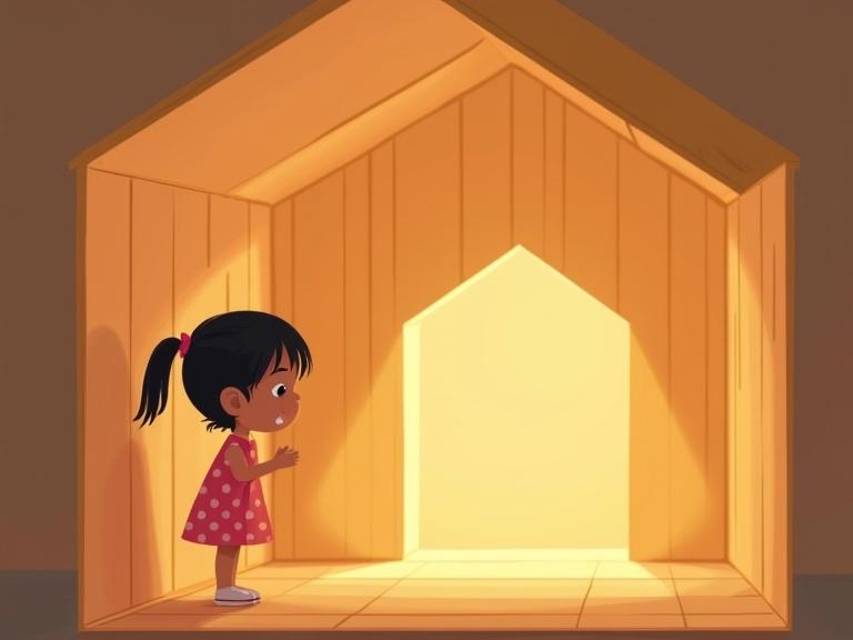 Illustration of Layla in a warm wooden house. She stands inside, gentle and calm. The fifth pillar touches the roof, glowing softly. The house has no visible doors or furniture.