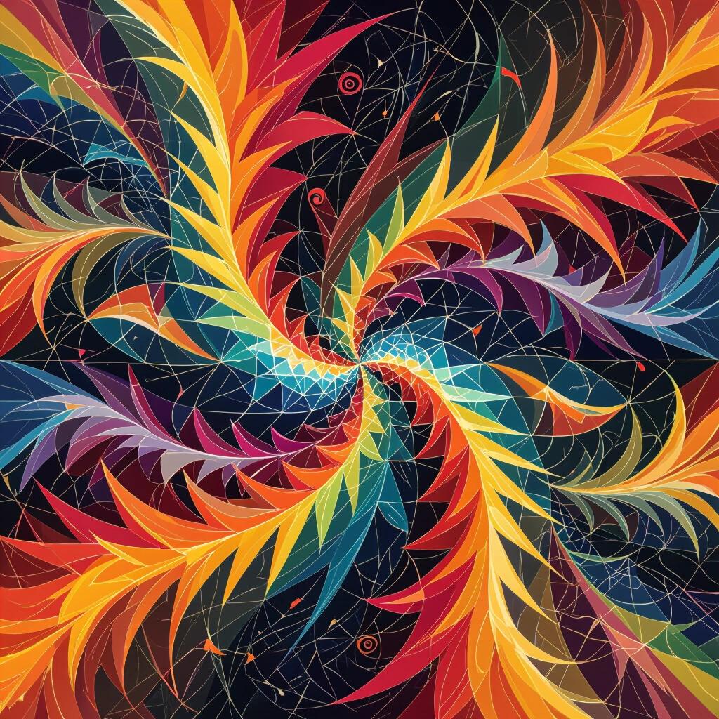Abstract composition featuring colorful spikes and swirls. Dynamic interaction of shapes and colors creates a vibrant visual experience.