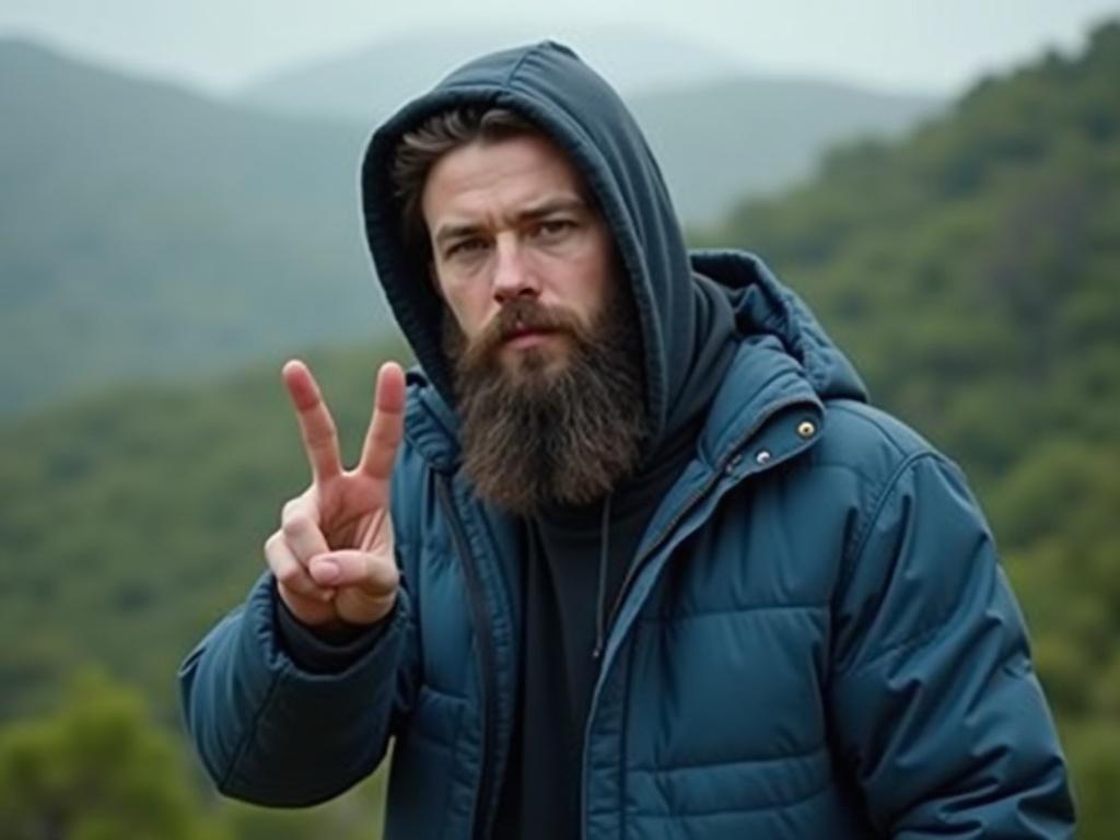 The image features a male figure with a beard, dressed in a thick blue jacket layered over a dark hoodie, signaling a peace sign with his right hand. The background displays a blurred, natural landscape of greenish foliage indicating it is likely an outdoor setting, and the lighting is soft and overcast, creating a muted color palette.