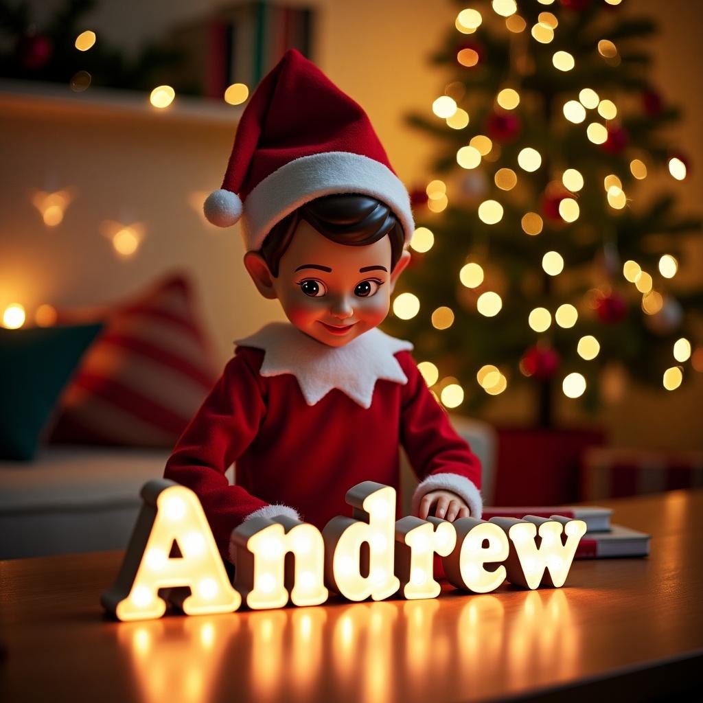 Elf in red and white outfit joyfully writing with colored lights. Surrounded by festive decorations and a Christmas tree. Inviting atmosphere capturing Christmas magic. Perfect for family celebrations and personalized gifts.