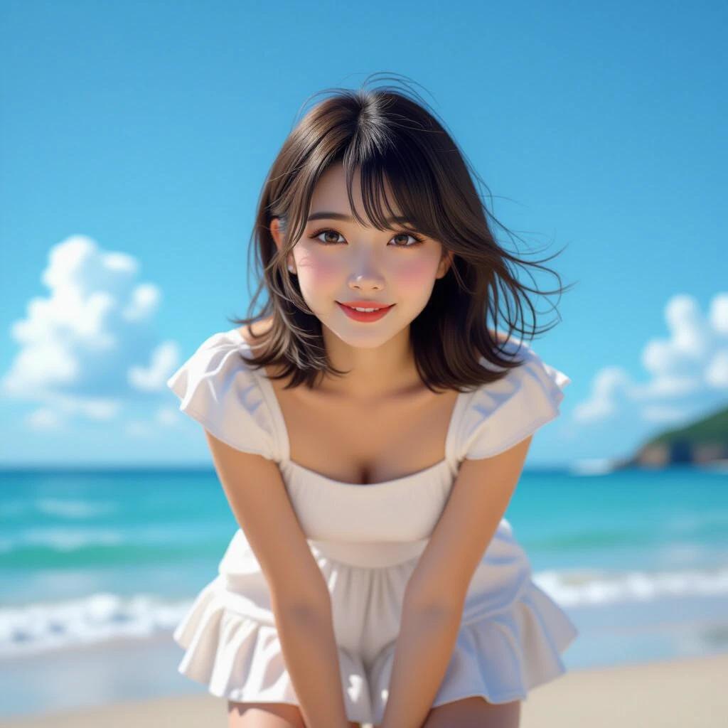 Japanese girl smiles at the camera standing at a beach. She leans slightly forward wearing a white sleeveless top and frilled skirt. The background features a bright blue sky and ocean waves.