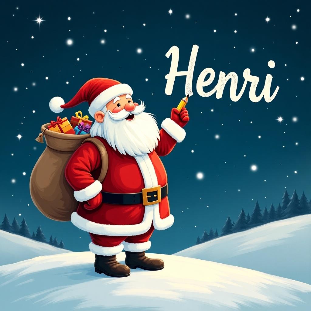 Santa Claus stands on snowy hill under a starry night sky. He writes names in the sky with a pencil. Dressed in red and white, he carries a large sack of gifts on his back. The name 'Henri' is displayed in a whimsical font.