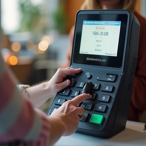 Image of a cashier point of sale POS system with management features. Focus on large touchscreen and keypad. Brazilian Portuguese written support.
