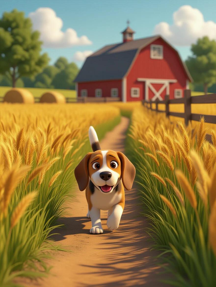 A 3D beagle walks along a dirt path through tall grass. The beagle heads toward a red barn in the background. The dog's nose is low and tail is high. The background details include straw bales and wooden fences. The scene has Pixar-style and warm natural lighting, presented in 4K resolution.