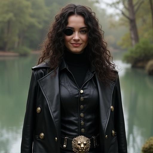 A beautiful young smiling woman with long curly hair. She wears an eyepatch and has a thin sharp face. A long black leather jacket over a black turtle-necked shirt complements her Victorian-style leather vest. She is in tight black leather pants with black gloves and boots. A gold lion's head buckle adorns her belt, and she carries a dagger. The setting is a water park utopia.