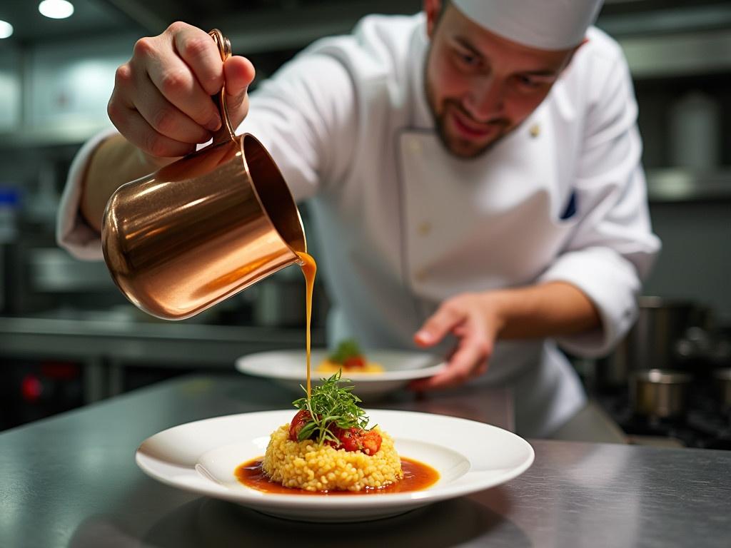 In a busy hotel or restaurant kitchen, a chef is skillfully preparing a dish. The focus is on his hands as he works intently on a sauce for a delicious Risotto. A shiny copper pot is in one hand, while the other hand carefully drizzles sauce over a beautifully plated dish. The vibrant colors of the food showcase a rich blend of ingredients, creating an appetizing presentation. The kitchen atmosphere is energetic, reflecting the bustling environment of professional cooking.