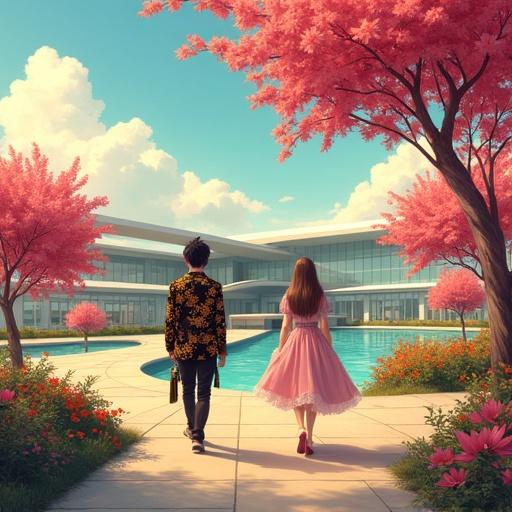 Anime scene featuring a couple walking towards a luxurious airport surrounded by cherry blossoms on a bright summer day. Stylishly dressed citizens are seen passing by. The setting showcases modern architecture with vibrant colors.