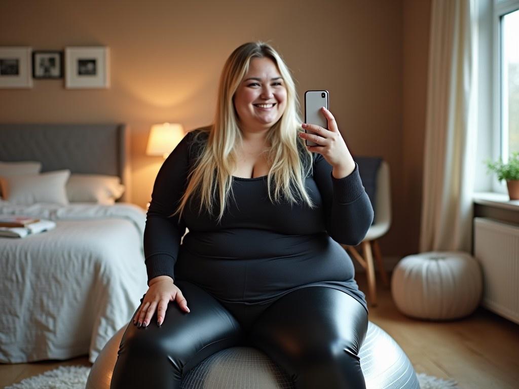 A young, cute Danish woman is sitting on a deflated transparent silver yoga ball in her bedroom. She has long blond hair and black eyebrows and is wearing tight black leather leggings and a fitted shirt. With a smile on her face, she is taking a selfie. The room has a cozy, inviting feel with soft lighting and a bed seen in the background. This high-quality image captures a moment of self-confidence and body positivity, showcasing the beauty and comfort of all body types.