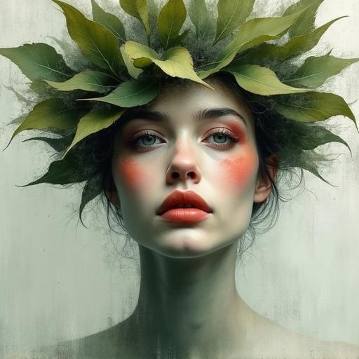 Portrait of a woman with leaves on her head. Abstract style with textured appearance. Muted colors such as green, red, grey, and white. Soft light enhances the detailed face. Artistic and painterly digital art in high quality.