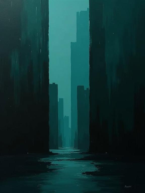 Digital oil painting features dark teal color theme. Harsh paint strokes create formless architecture. A void-like setting with silhouettes against a completely black background. Unfinished elements add an absurdist touch. The painting has a minimalist style.