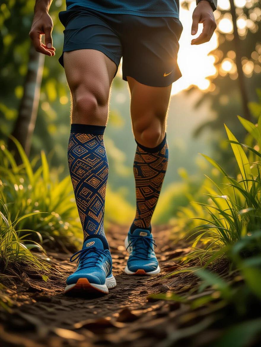 Dynamic trail running photograph. Compression socks feature Javanese parang batik patterns. Traditional indigo blues and warm sogan browns. Socks symbolize strength courage perseverance. Runner navigates lush Indonesian forest at golden hour. Sunlight creates harmony with nature and culture. Outdoor photography emphasizes batik craftsmanship and athletic movement. Parang patterns flow with each stride. Documentary precision honors cultural authenticity and athletic achievement. Transforms ancient artistry into performance wear.