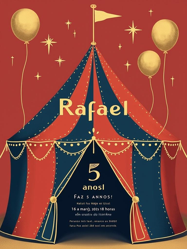 Design a birthday invitation for a child. Use minimalist geometric style. Incorporate a subtle circus theme with a modern feel. Color palette features red gold and navy blue. Create a vertical format 9:16. Include a geometric circus tent design. Add golden balloons for festivity. Display name Rafael prominently in a stylish font. Include details for the event in an elegant font. Maintain ample negative space for a clean look. Balance text and geometric elements well. High resolution is essential.