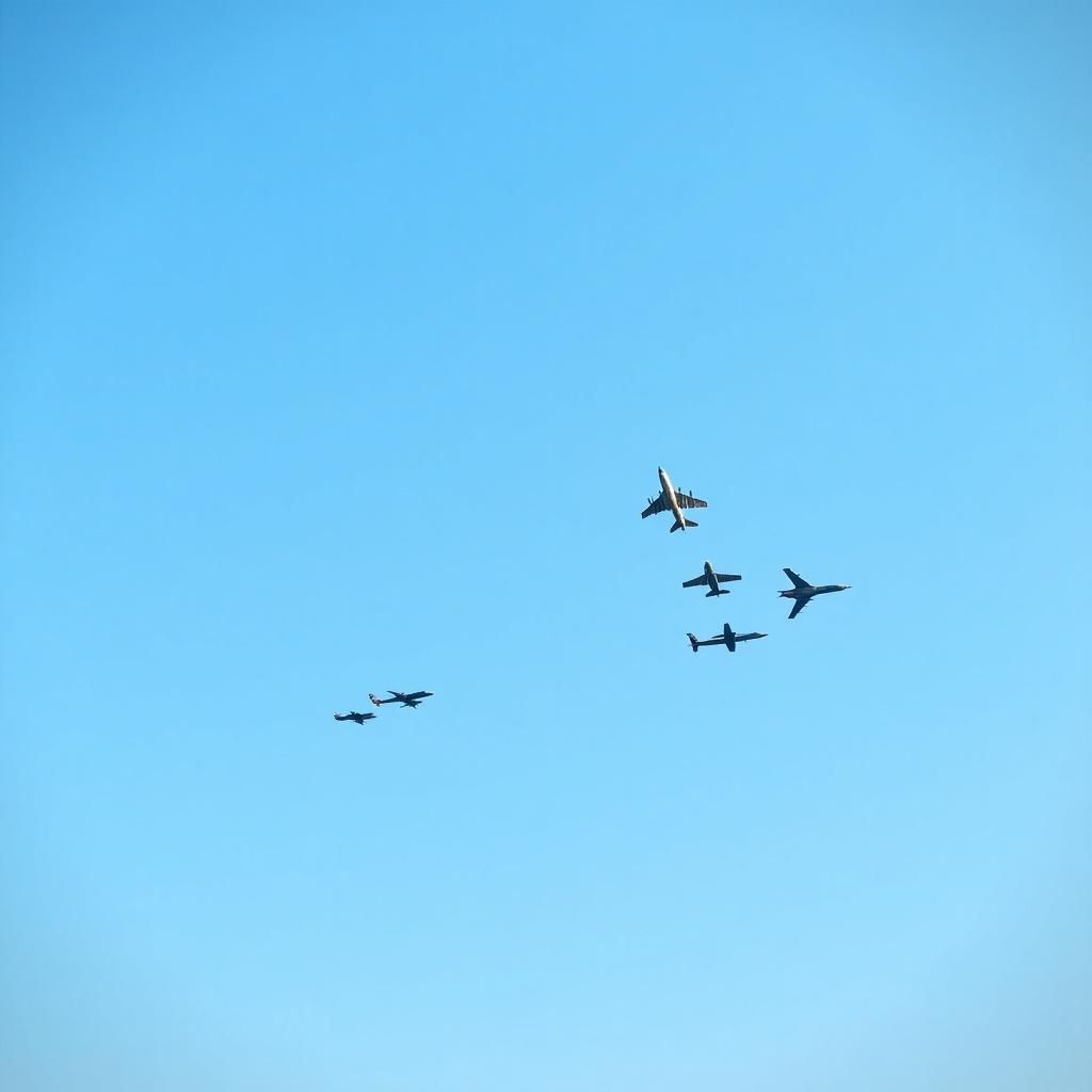 A blue sky scene featuring Indian Airforce fighters, helicopters, and transport planes in flight arrangement.