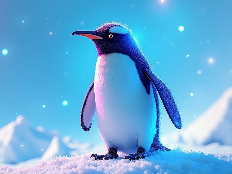 A vibrant and ultra-realistic depiction of a penguin in a snowy polar background featuring neon blue and dark blue colors. The penguin stands out with detailed textures and colors.