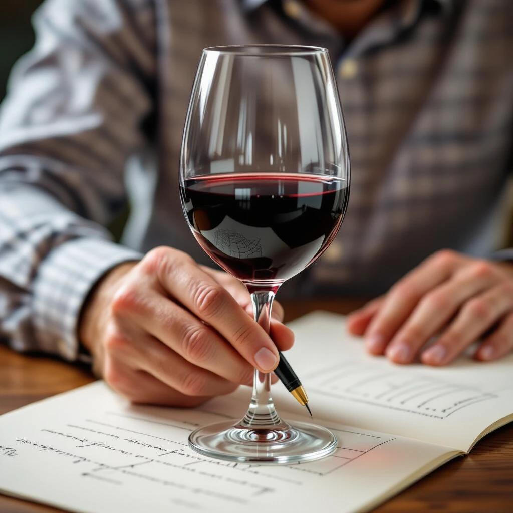 A full glass of wine is filled to the rim. A person writes with their left hand on a notepad. The focus is on the wine glass and the writing action. The setting is warm and inviting.