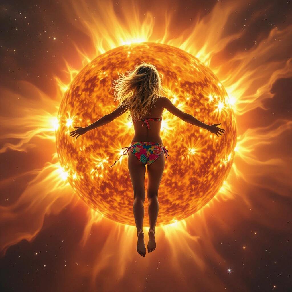 Blonde girl viewed from behind flying near the sun's surface. Full-body view with arms and legs extended. Colorful bikini visible. Sun's curvature in the background with massive solar flares erupting. Outer space visible above.