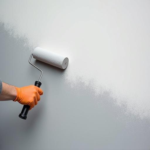 A worker paints a wall with a grey roller brush. A smooth transition from grey to white is visible. The close-up focuses on the roller and gloved hand while the background is almost empty, suitable for adding text or graphics.