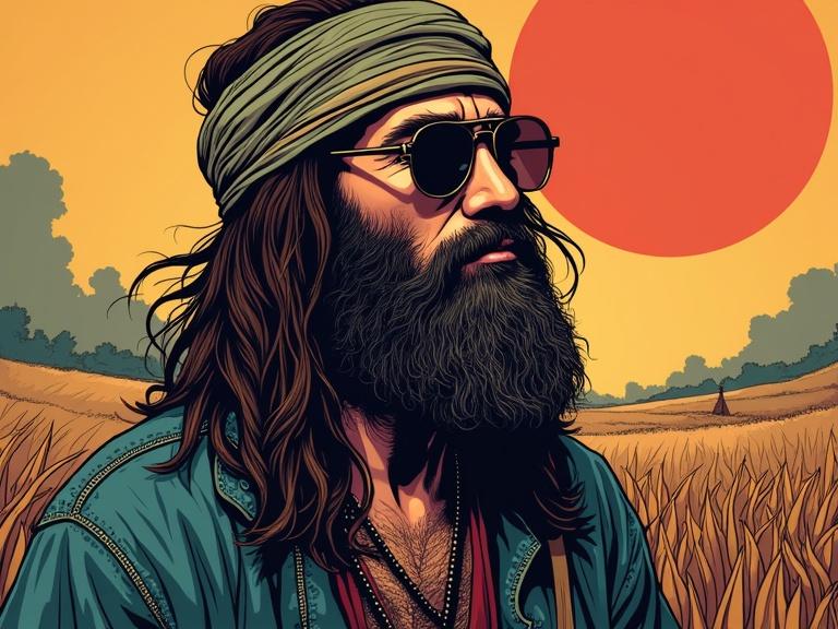 A gritty comic art style manga image featuring a bearded hippie with sunglasses against a sunset background in a field.
