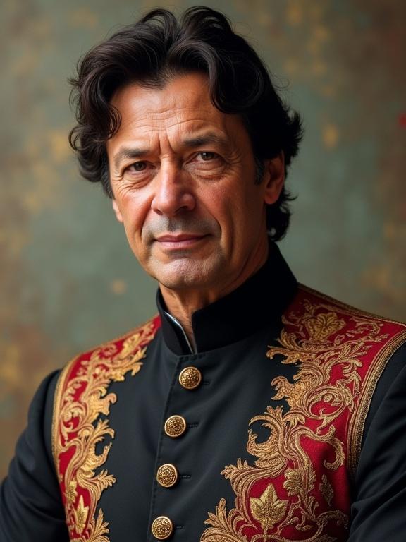 Portrait of a man wearing an elegant black and gold traditional outfit. Jewelry-style buttons and luxurious embroidery on clothing. Subject has curly hair and a serious expression.