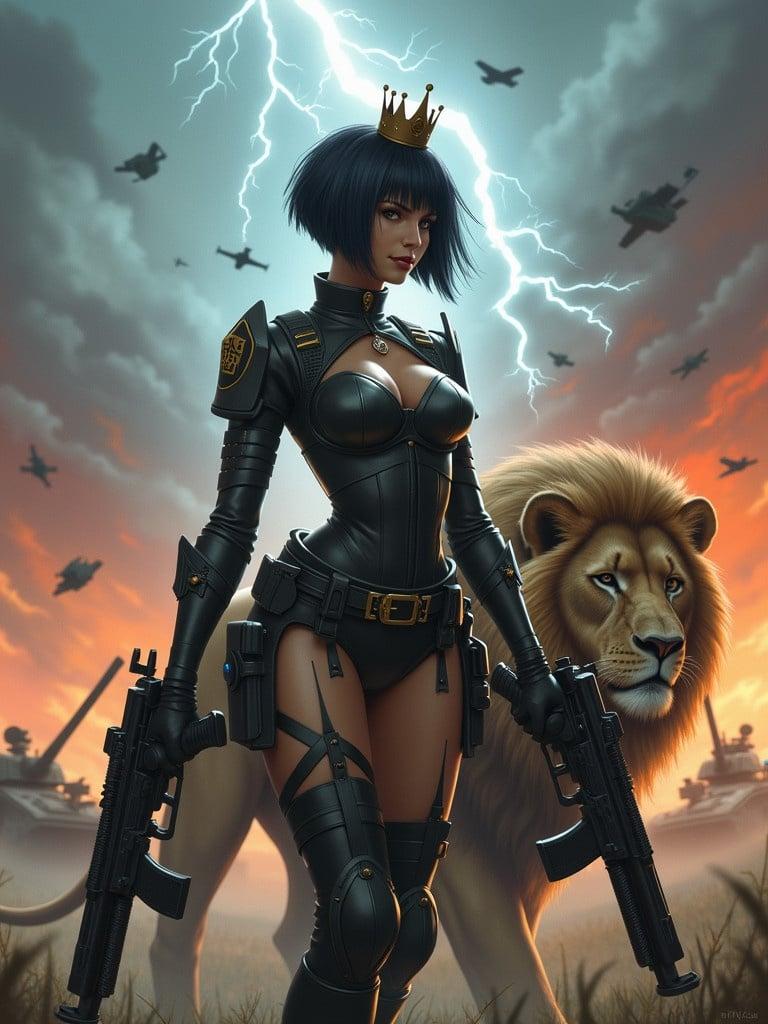 Ethereal battlefield filled with tanks and aircraft. Lightning strikes in the background. A fierce woman with short black hair stands in the center. She wears a military uniform and holds two big guns. Beside her is a majestic lion. Background features fire and smoke with military elements.