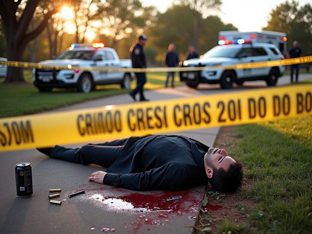 On October 30, 2024, a body is found in a park at 1080 N. Hillside St., Wichita. The scene is marked with crime scene tape, with several police cars and an ambulance present. A man in an expensive suit lies on the ground, blood pooling around him from gunshot wounds. Evidence includes spent cartridge casings, a beer can, the victim's iPhone, a wallet, cash, and suspected methamphetamine. A jogger reported the body, and a witness identified a speeding green car. The victim is identified as Gustavo Fring, a felon with ties to drug distribution. Social media evidence raises suspicions around his activities.