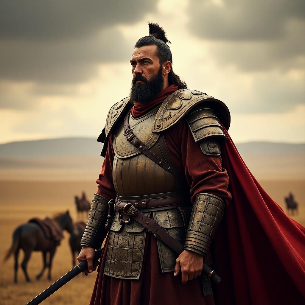 The image depicts a powerful warrior resembling Genghis Khan, standing strong against a dramatic sky. He is dressed in a traditional armored outfit, complete with a flowing red cape that catches the light. The warrior's expression demonstrates confidence and determination, suggesting a strong leadership presence. In the background, there are silhouettes of horses, adding to the historical context. The landscape is vast, representing the open steppes of Mongolia, which enhances the sense of scale and power. This scene captures the essence of a historical and legendary figure.