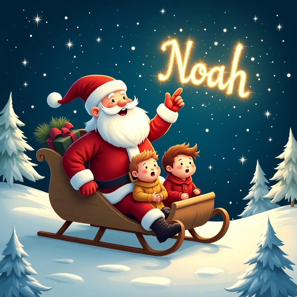 A whimsical illustration depicts Santa Claus sitting on a sled in a snowy landscape. He joyfully writes the name 'Noah' in the sky with a sparkling light. The scene is adorned with fluffy snow-covered trees, creating a cozy, festive atmosphere. Two amazed children sit in the sled, captivated by Santa's magic. The night sky is filled with twinkling stars, encapsulating the joy of the holiday season. This artwork embodies the spirit of Christmas and the wonder of giving.