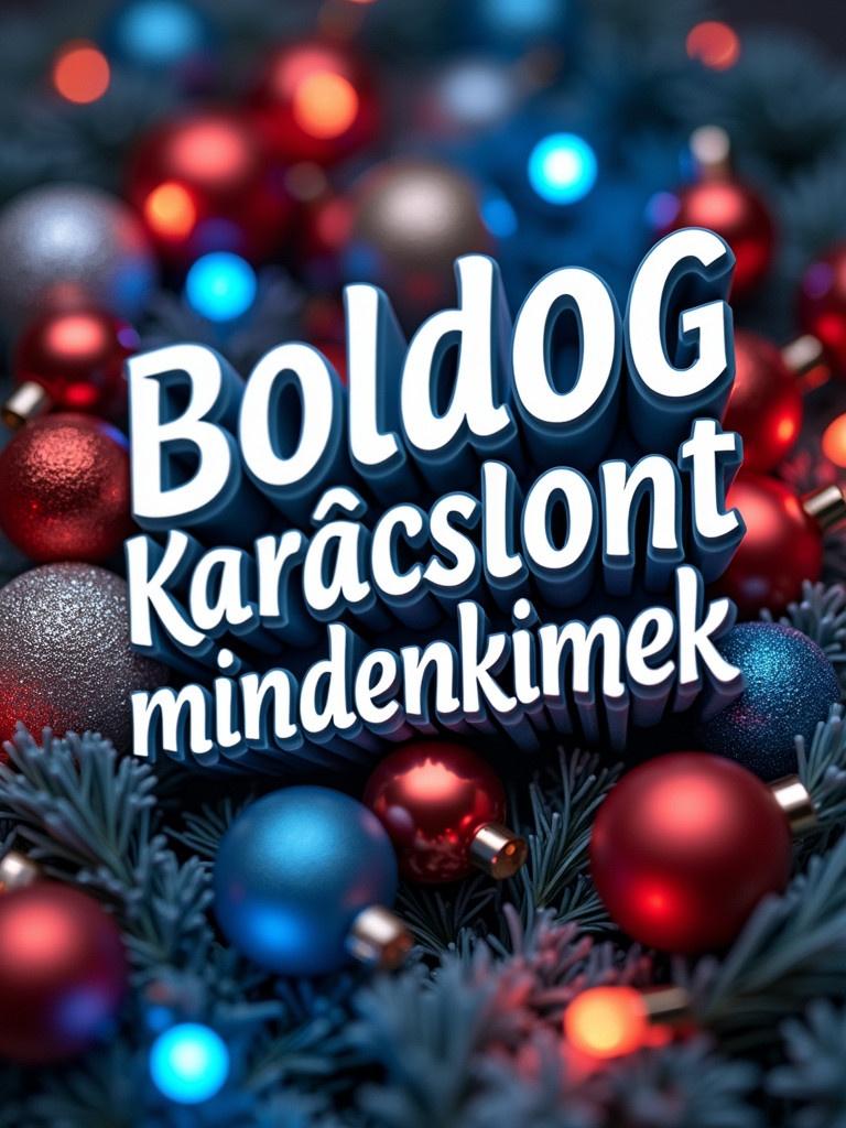 3D diagonal text in white states Boldog Karácsonyt mindenkinek. Blue red and silver ornaments surround the text. Colorful Christmas lights are visible in the background.