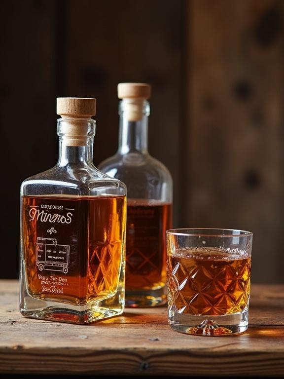 Two whiskey bottles with cork stoppers and a glass filled with whiskey on a wooden table. The background is blurred to create a warm atmosphere.