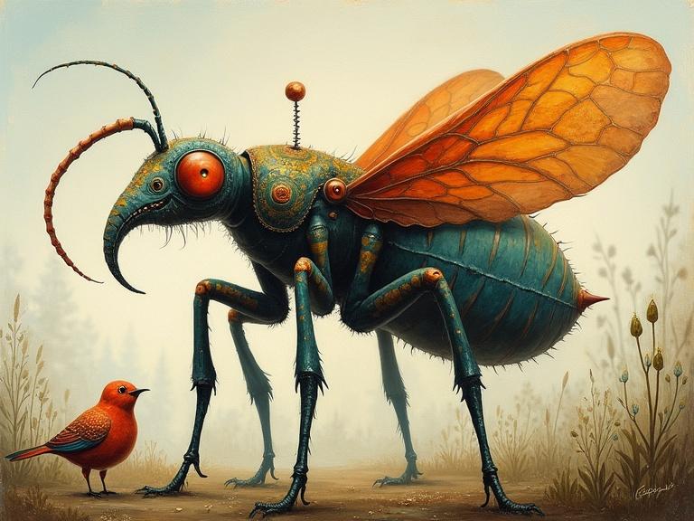 A surreal painting with a large fantastical insect-like creature with orange wings and intricate patterns. A small quirky bird stands nearby. The scene has whimsical characteristics.