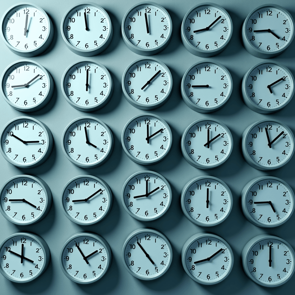 A wall covered with multiple clocks set to different times.