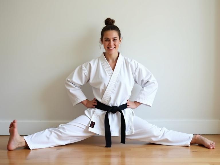 Candid photo of a young woman in a white karate gi with a black belt sitting on a wooden floor. She performs a full split stretch. One leg extended forward and the other back. Hands placed on hips. Proud smile showing fitness and athletic abilities. Natural lighting creates a calm atmosphere. Simple background focuses on her pose and attire.