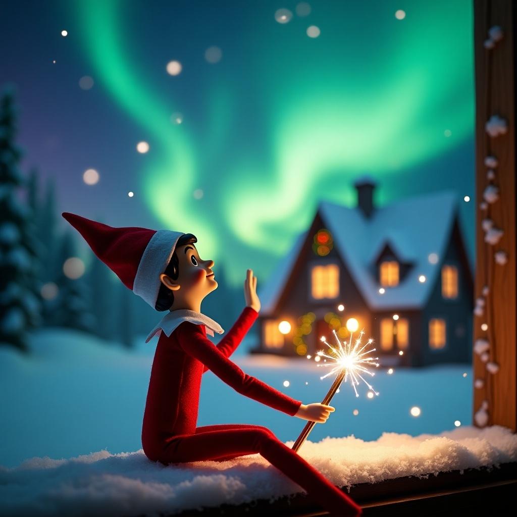 Elf on the shelf gazes skyward. Holds glowing wand. Colorful northern lights in the background. Cozy, decorated house in distance. Snow covers the ground, creating winter atmosphere. Elf embodies spirit of Christmas. Name written in air with wand.