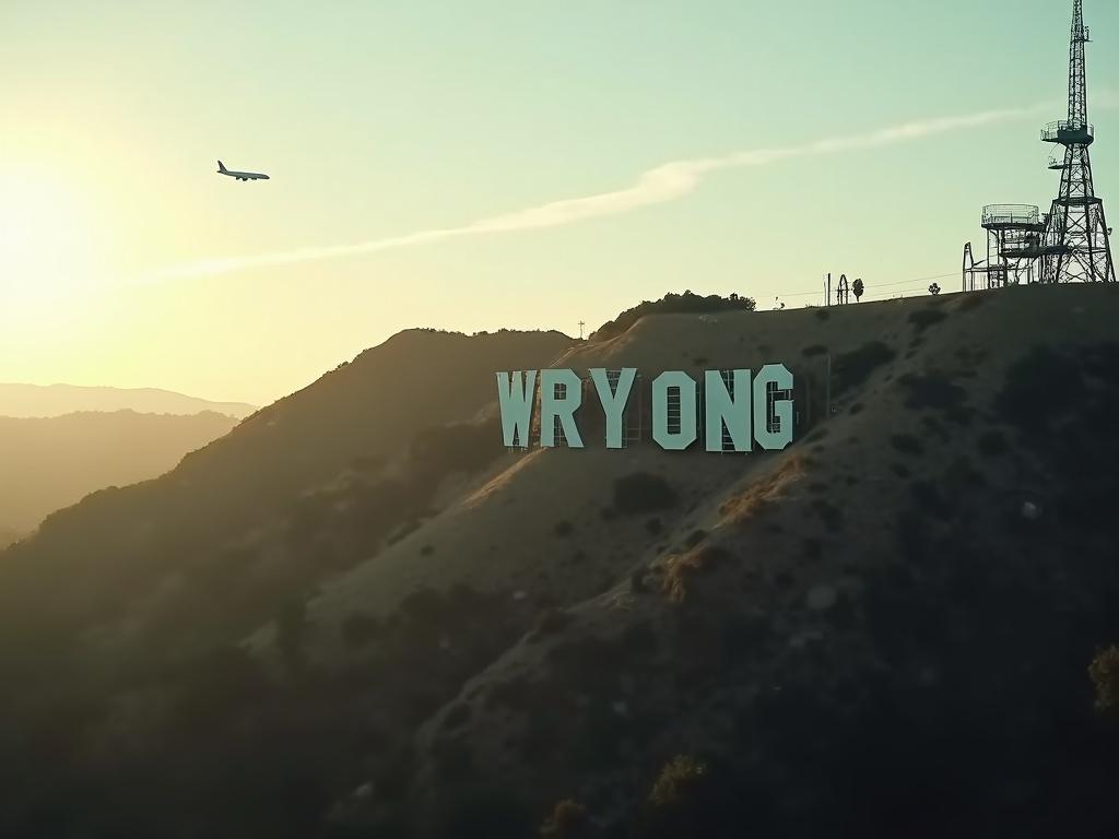 Wide aerial shot of Hollywood Hills at dawn. Smooth camera movement through morning haze. Giant letters spell 'WRONG' instead of 'HOLLYWOOD.' Warm morning light casts shadows on the hill. An airplane flies in the distance, leaving a contrail.