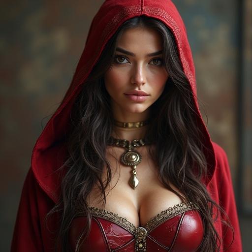 Character design featuring a sexy female warrior looking at the camera, wearing a deep red hooded outfit with armor. Wavy hair and an alluring body shape. Emphasis on realistic textures and details in the design.