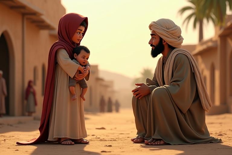 3D scene of a woman holding a baby, crying as she speaks to Hazrat Umar. He kneels to listen to her, showing humility. Dusty street with date trees and other families in the background.