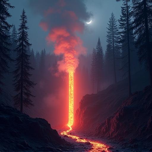 A glowing cylinder of lava flows through a hilly forest landscape at night. Warm vibrant colors dominate the scene. Tall trees frame the intense glow, while a crescent moon is visible in the sky.