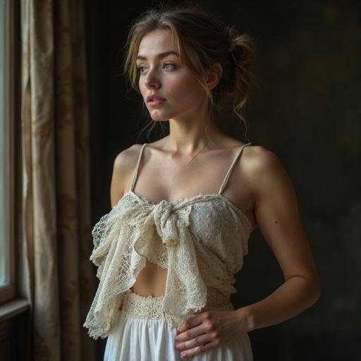 Young woman wears an old torn cloth. The cloth has intricate lace details. The photograph captures a close-up of the torso with soft natural light from a window. Emphasis on textures of the fabric.