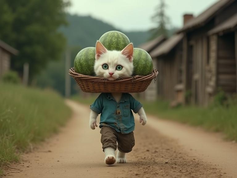 A white kitten has green eyes. The kitten wears a blue shirt and old pants. It carries a basket of watermelons on its head. The kitten walks on a dirt road in a rural area. There are trees and wooden houses in the background.