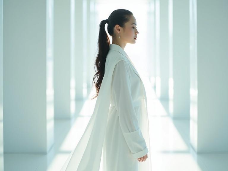 A woman possesses super powers enabling her to turn invisible. She stands in a sleek white laboratory. The environment features light refraction and textures, creating shadows against a sunny backdrop.