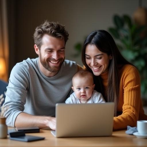 Ultrarealistic portrait of a young family. Man woman and baby together at a wooden table in a cozy living room. They smile while looking at a laptop. Atmosphere is serene and intimate. Soft warm lighting enhances facial details. Background features gradient from deep purple to dark blue. Clean and modern Dutch marketing text on the left side.