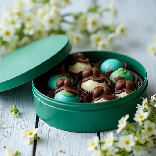 High-resolution image of a forest green box filled with gourmet chocolates. Chocolates have glossy turquoise and vibrant green coatings. Each chocolate is topped with a chocolate mustache. The box is on a rustic white wooden surface with a green lid nearby. Small white spring blossoms surround the box.