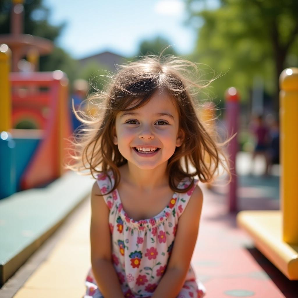 Child playing in a vibrant playground during daytime. Brown hair is present. Emphasis on the joyful atmosphere and colorful environment.