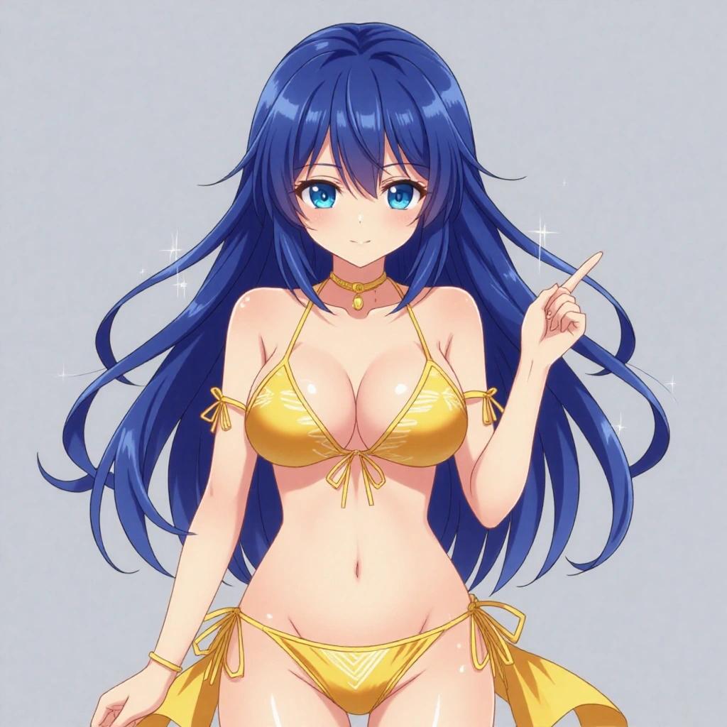 Anime girl wearing a golden bikini. She has long blue hair and big blue eyes. Character poses with a playful expression.