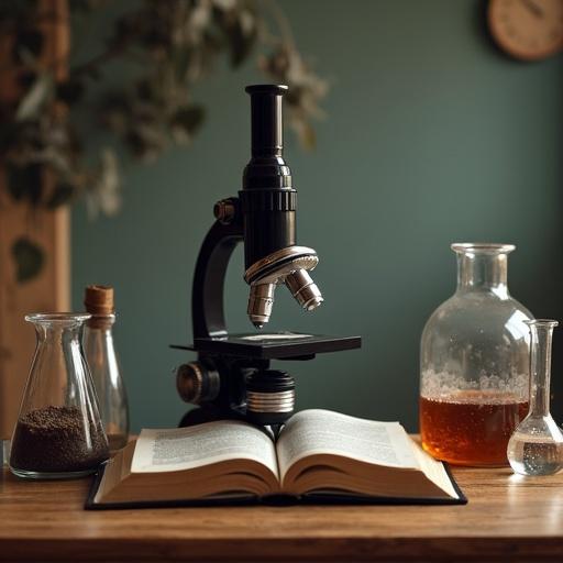A microscope is positioned on an open holy Bible. Flasks containing soil samples are arranged around the microscope. The scene is set on a wooden table with a green wall in the background.