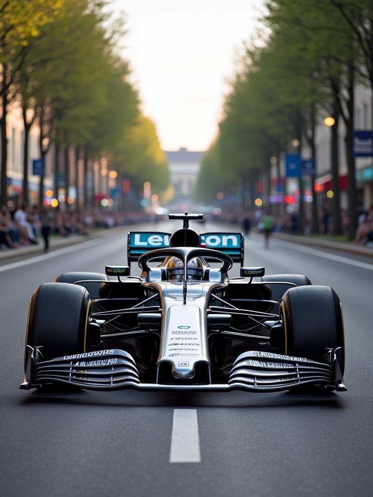 A Formula 1 race car is parked on an empty street in Eindhoven. The car is seen from the front perspective. The street is lined with trees and onlookers. Soft light creates a warm atmosphere. The scene captures the essence of motorsport culture in an urban setting.