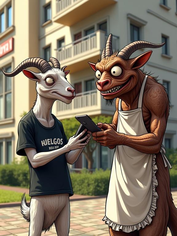 Humorous cartoon scene in front of a modern apartment building. Two characters are present; one is a smug goat in a black T-shirt and the other is a grotesque dragon in a frilly apron. Goat is showing a phone to the dragon. Dragon has a furious expression with bulging eyes and slime. Hilarious expression and interactions emphasize humor. The weather is hot and the environment is colorful.