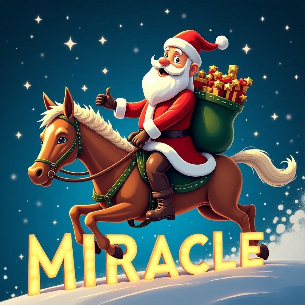 Christmas theme with big letters saying Christmas Miracle. Santa riding a horse with a bag of presents. Starry night background.