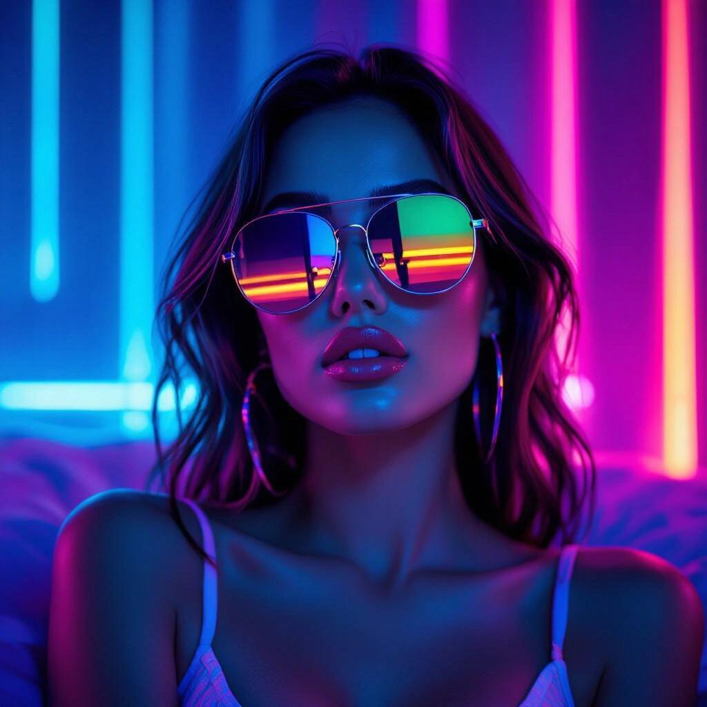 Close up of a dark classy bedroom with RGB neon colors. Artistic style suitable for album cover. Subject wears sunglasses and embodies a vibrant mood.